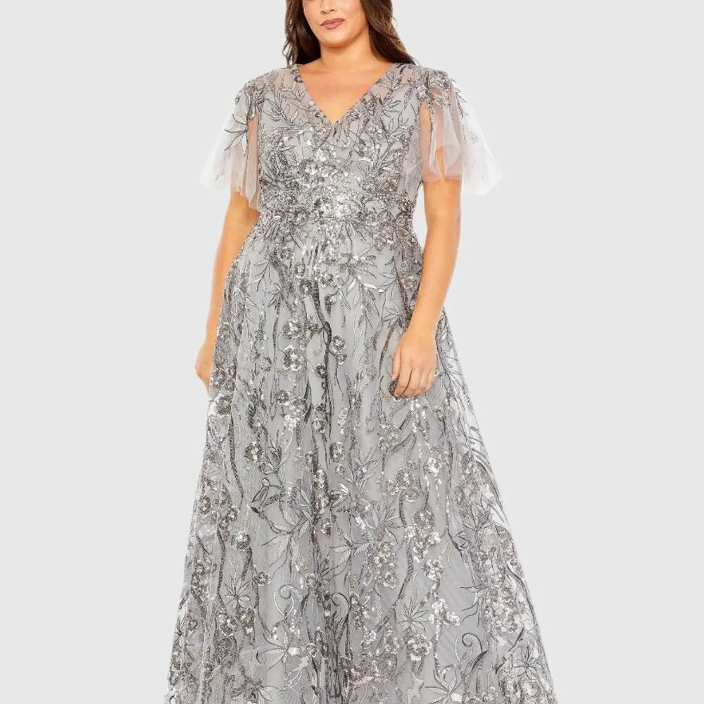 NWT | Mac Duggal 67908 Platinum High Neck Flutter Sleeve Embellished Gown 14